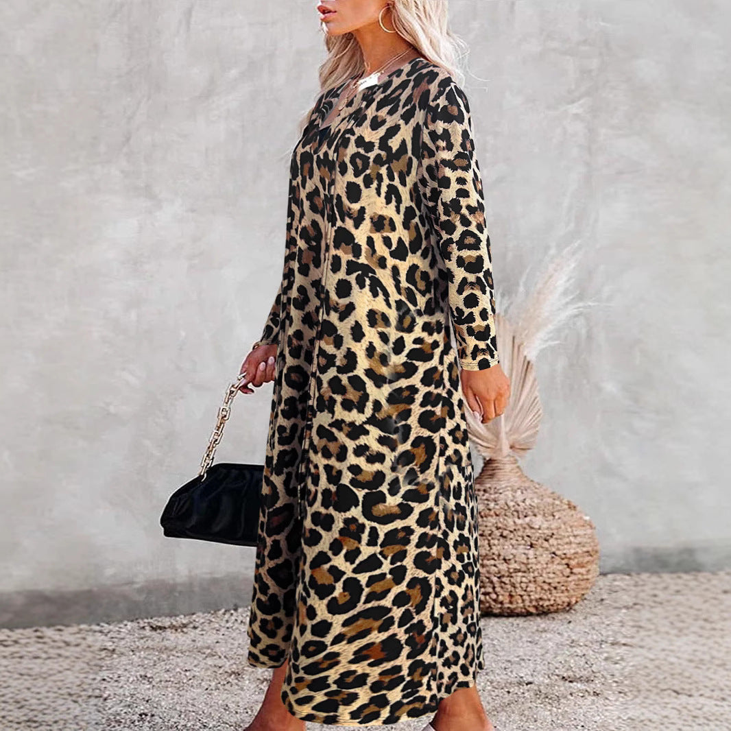 Robe-chemise Élégante à Manches Longues Imprimé Léopard