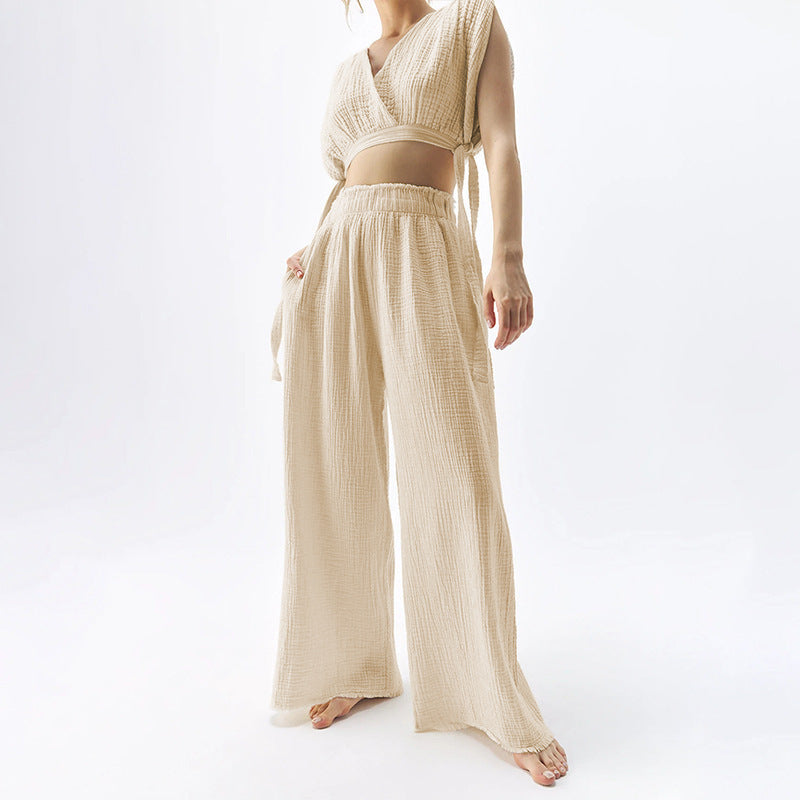 Pantalon Large en Coton Fin à Double Couche Taille Haute