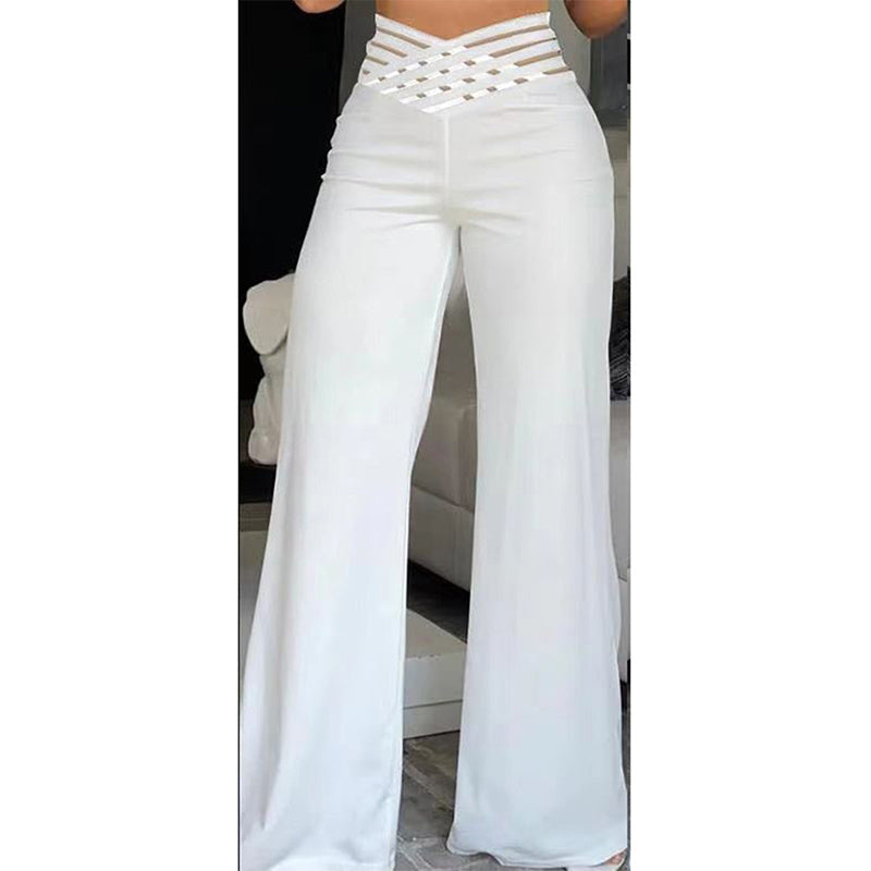 Pantalon Femme Taille Haute en Maille Transparente avec Détail Croix Élégant