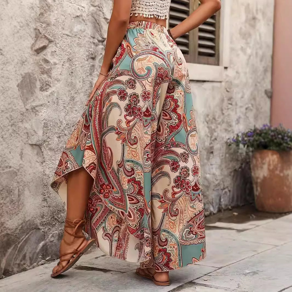 Pantalon Large Élégant Taille Haute Style Bohème Vacances