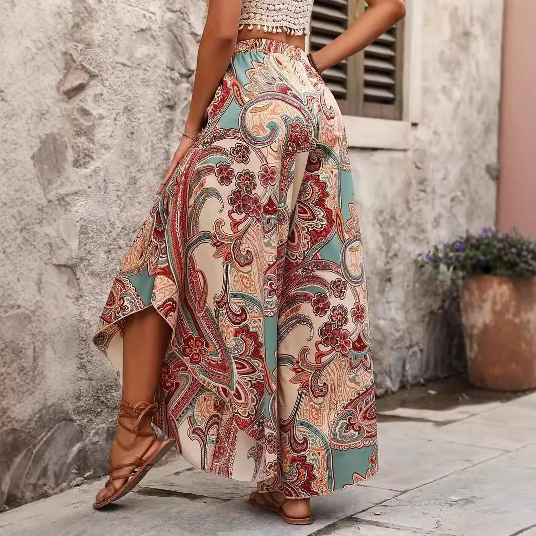 Pantalon Large Élégant Taille Haute Style Bohème Vacances