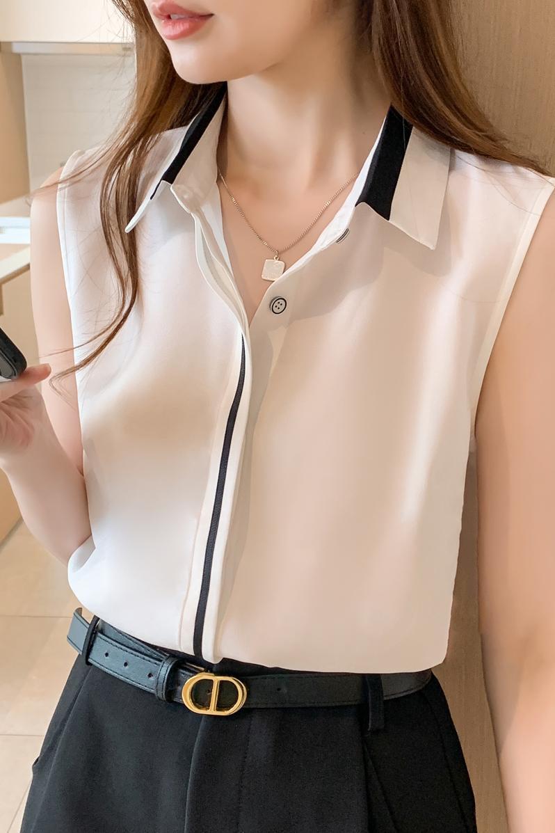Top Sans Manches en Mousseline Contrastée Femme