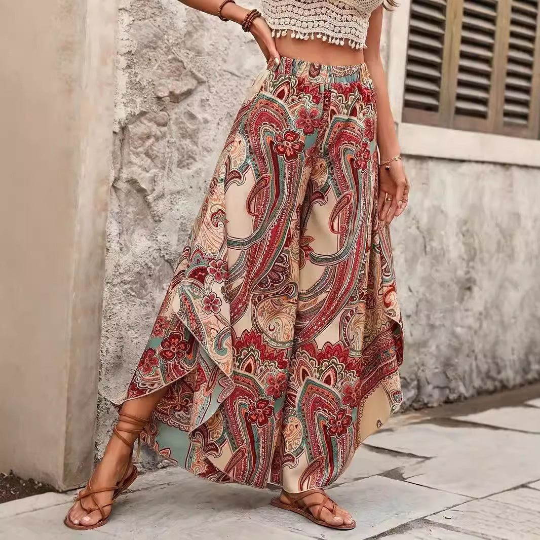 Pantalon Large Élégant Taille Haute Style Bohème Vacances