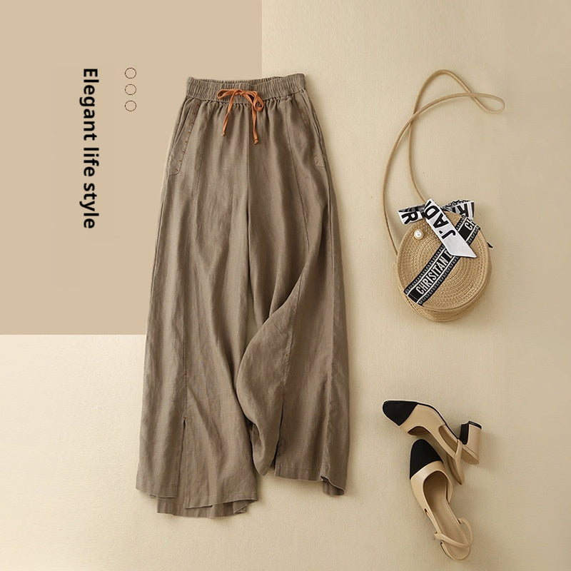 Pantalon Large en Coton-Lin Artistique Taille Élastique