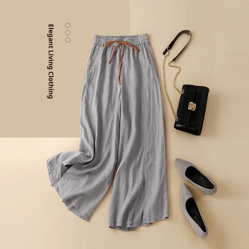 Pantalon Large en Coton-Lin Artistique Taille Élastique