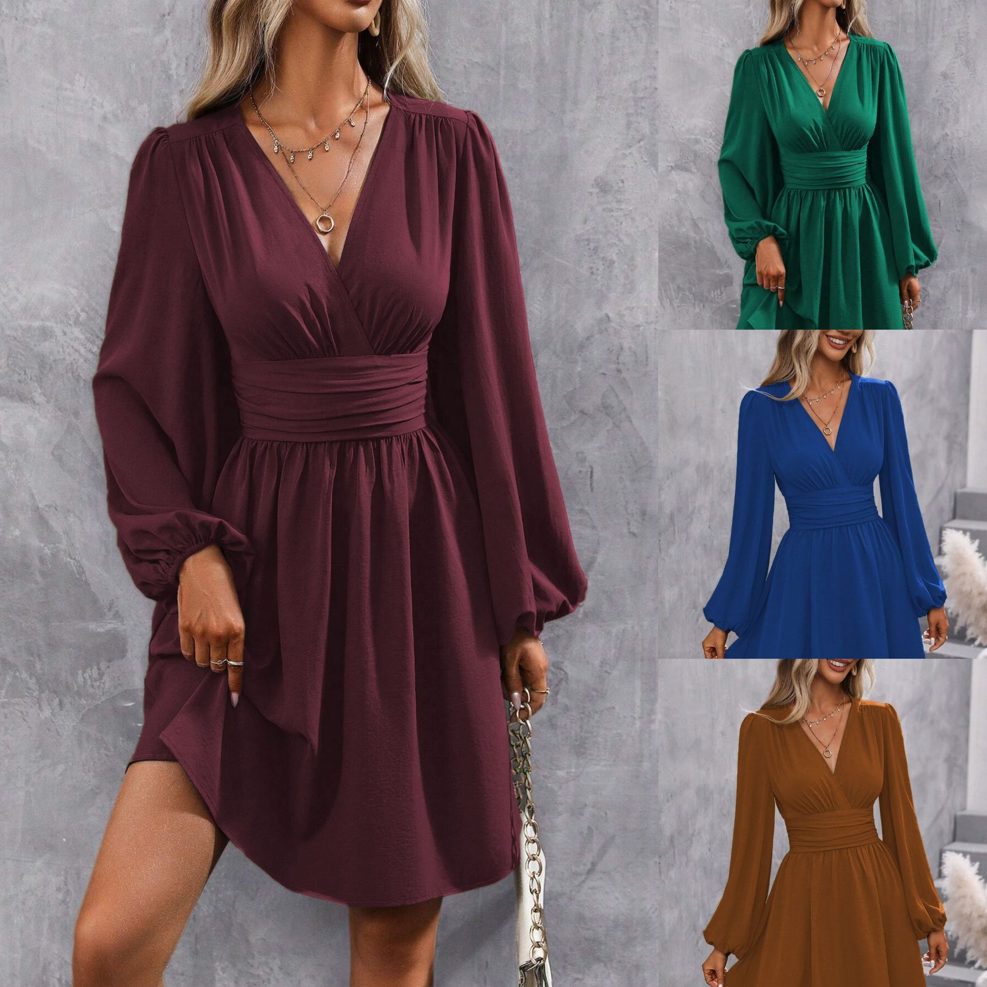 Robe Femme Col Diagonal Manches Lanternes
