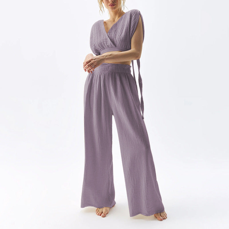 Pantalon Large en Coton Fin à Double Couche Taille Haute