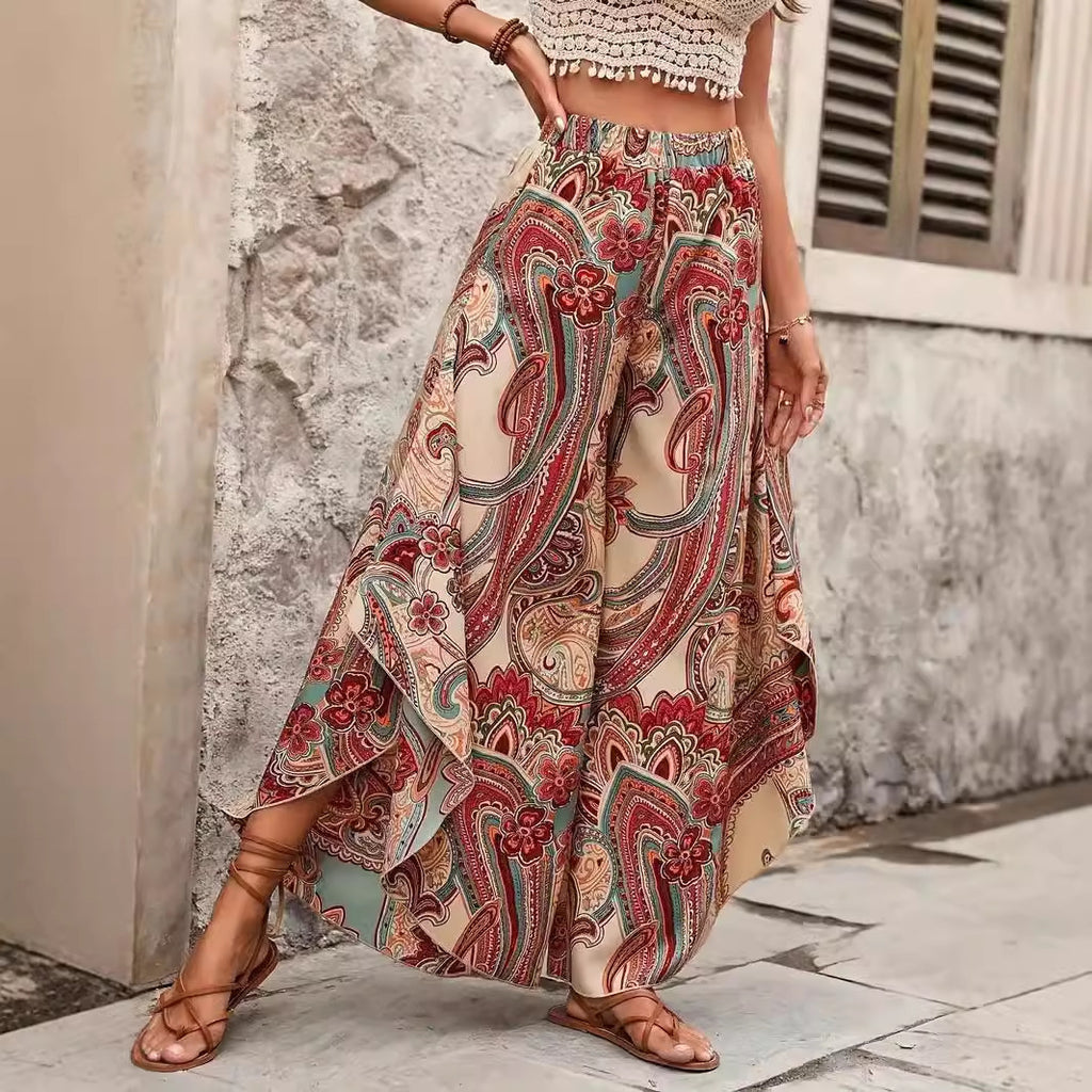 Pantalon Large Élégant Taille Haute Style Bohème Vacances