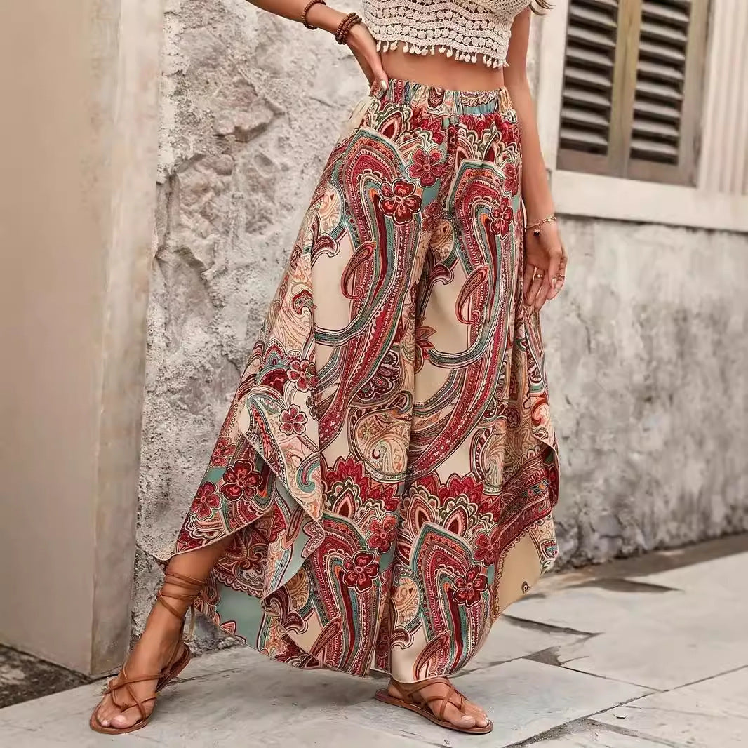 Pantalon Large Élégant Taille Haute Style Bohème Vacances