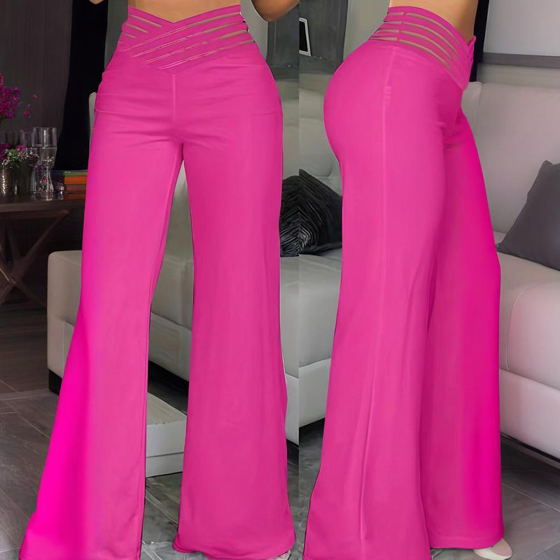 Pantalon Femme Taille Haute en Maille Transparente avec Détail Croix Élégant