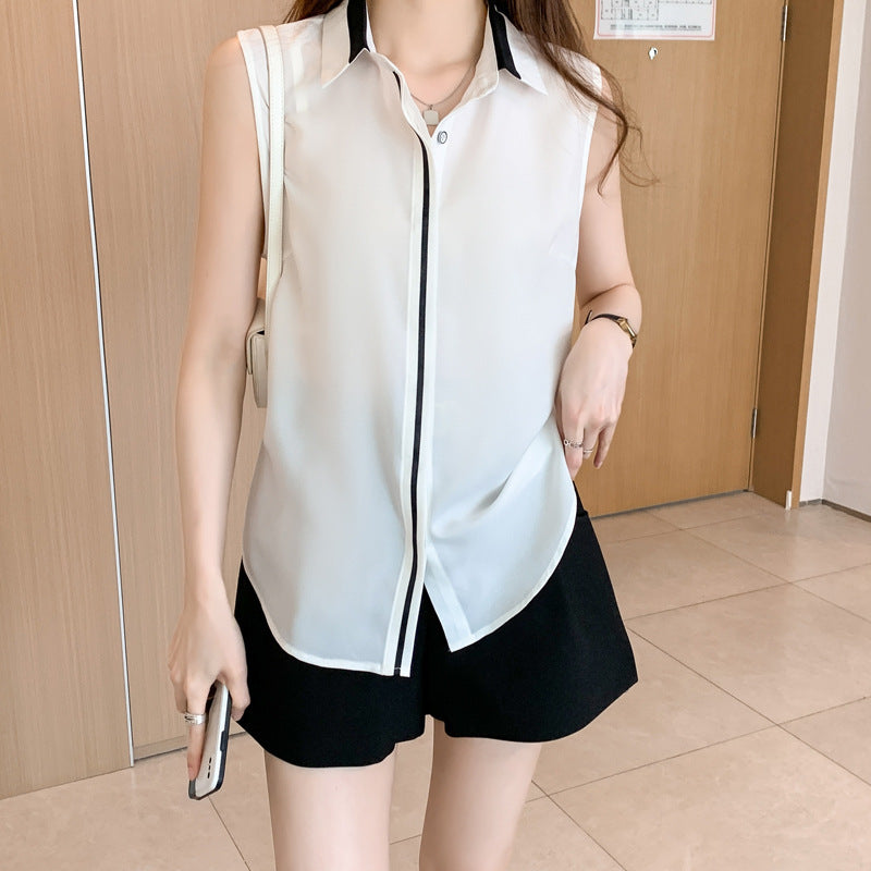 Top Sans Manches en Mousseline Contrastée Femme