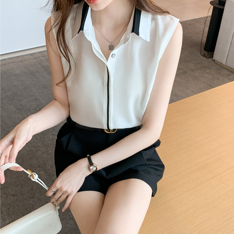 Top Sans Manches en Mousseline Contrastée Femme