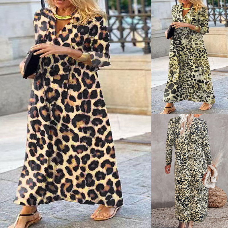 Robe-chemise Élégante à Manches Longues Imprimé Léopard