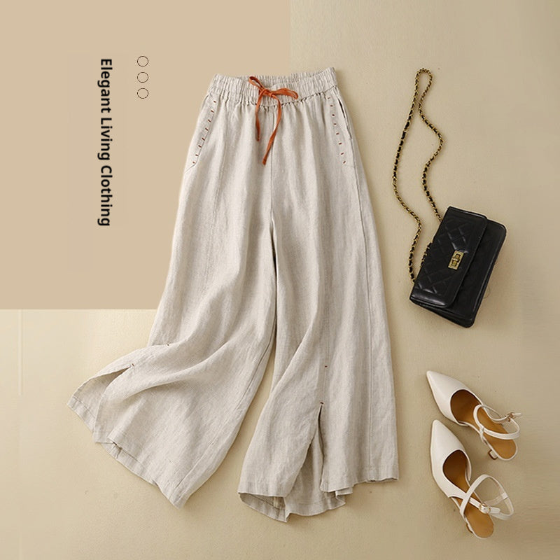 Pantalon Large en Coton-Lin Artistique Taille Élastique