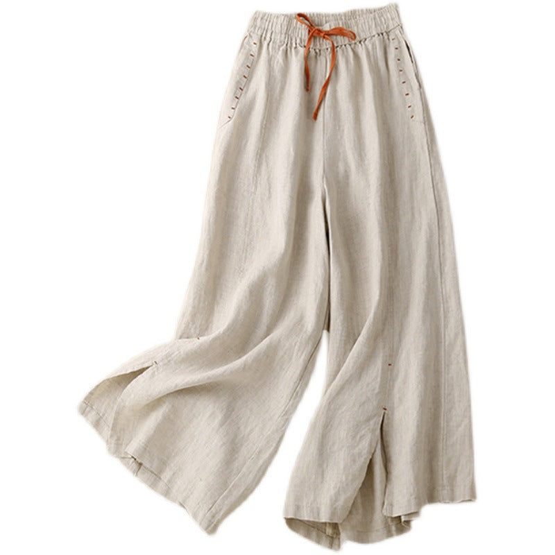 Pantalon Large en Coton-Lin Artistique Taille Élastique