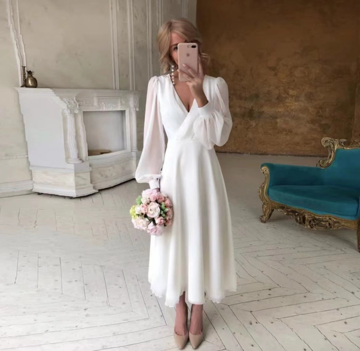 Robe de Soirée Blanche Longues Manches Style Féérique