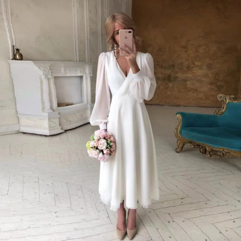 Robe de Soirée Blanche Longues Manches Style Féérique