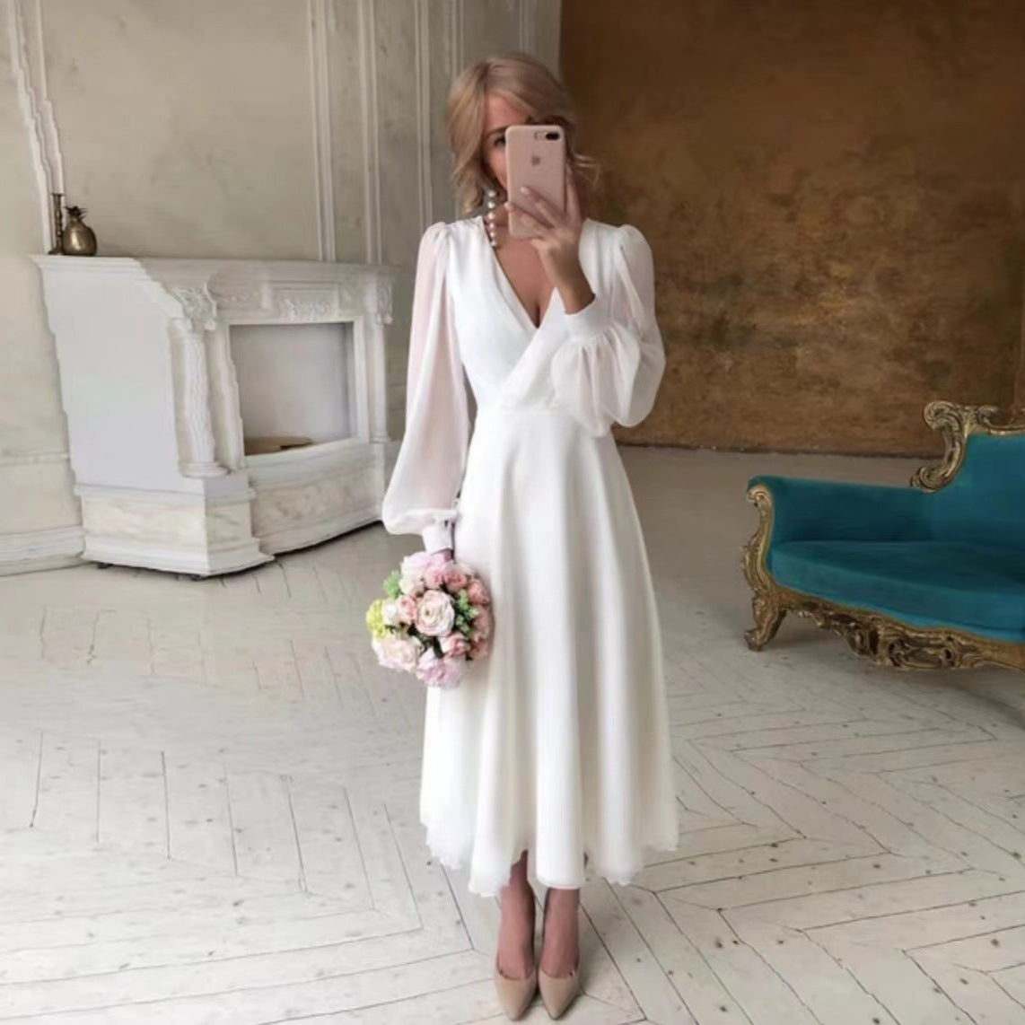 Robe de Soirée Blanche Longues Manches Style Féérique