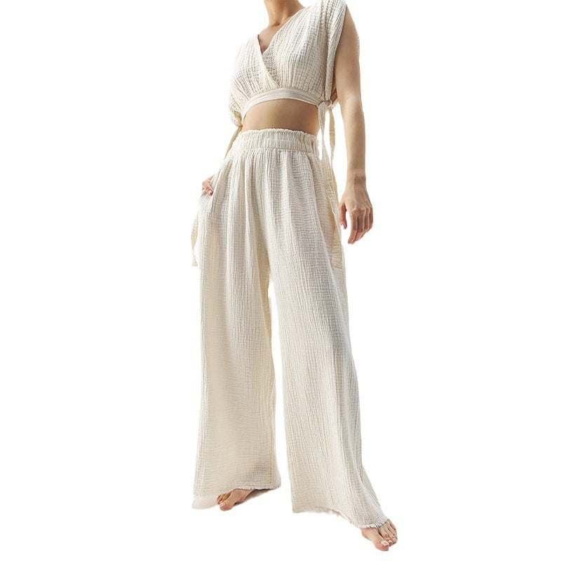 Pantalon Large en Coton Fin à Double Couche Taille Haute