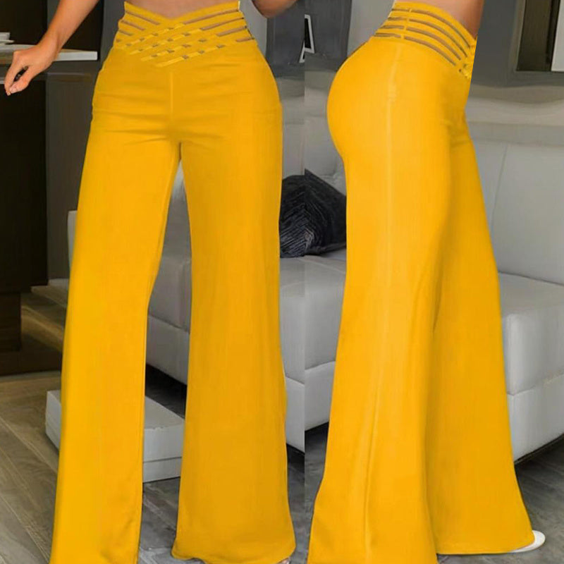 Pantalon Femme Taille Haute en Maille Transparente avec Détail Croix Élégant