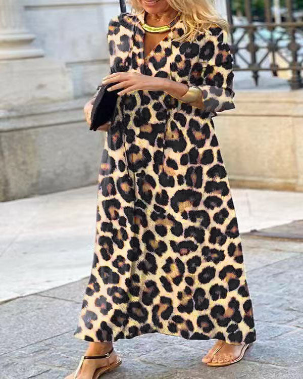 Robe-chemise Élégante à Manches Longues Imprimé Léopard