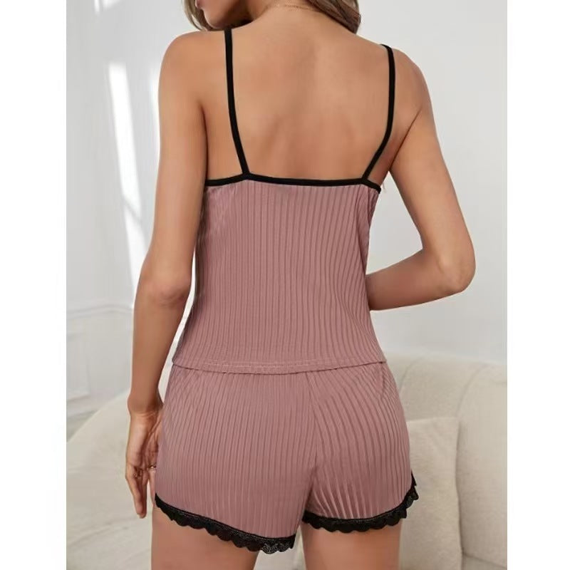« Pyjama sexy d’intérieur pour femme, style européen et américain, d’été, à bretelles fines, col en V plongeant en dentelle »