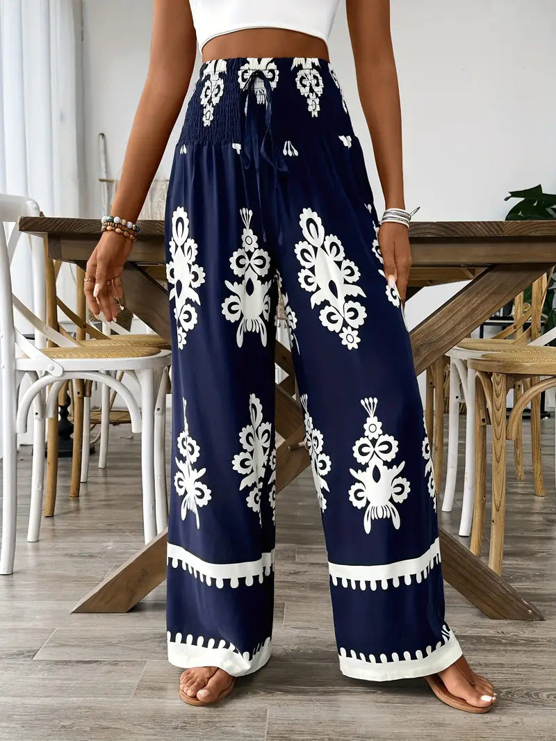 Pantalon large imprimé 3D à taille haute