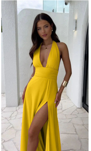 « Robe sexy d’été à col en V, dos nu et bretelles fines, fente latérale – style élégant pour femmes »