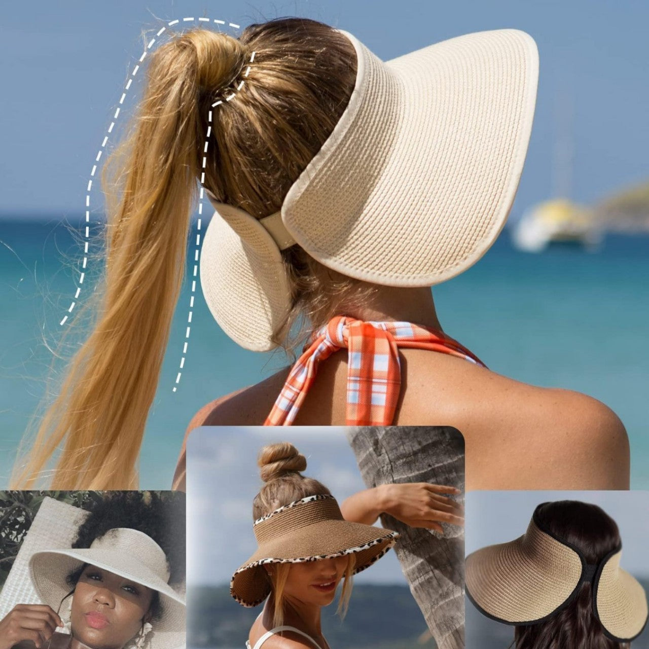 Chapeau de Plage Femme à Large Bord avec Ouverture pour Queue de Cheval – Pliable