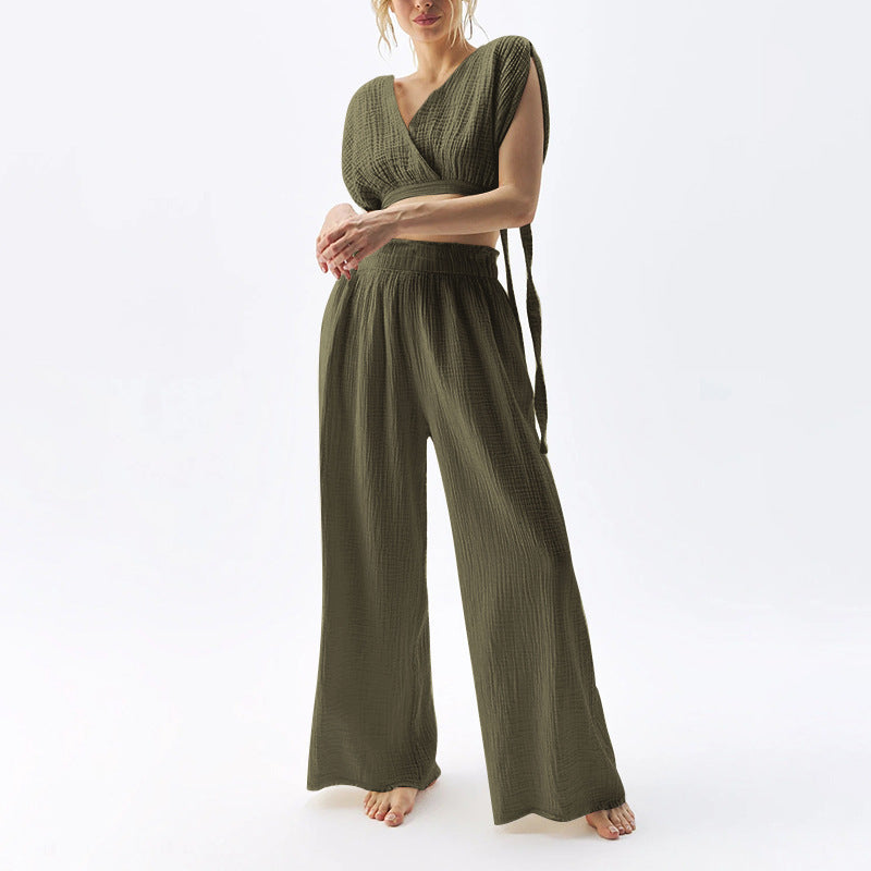 Pantalon Large en Coton Fin à Double Couche Taille Haute
