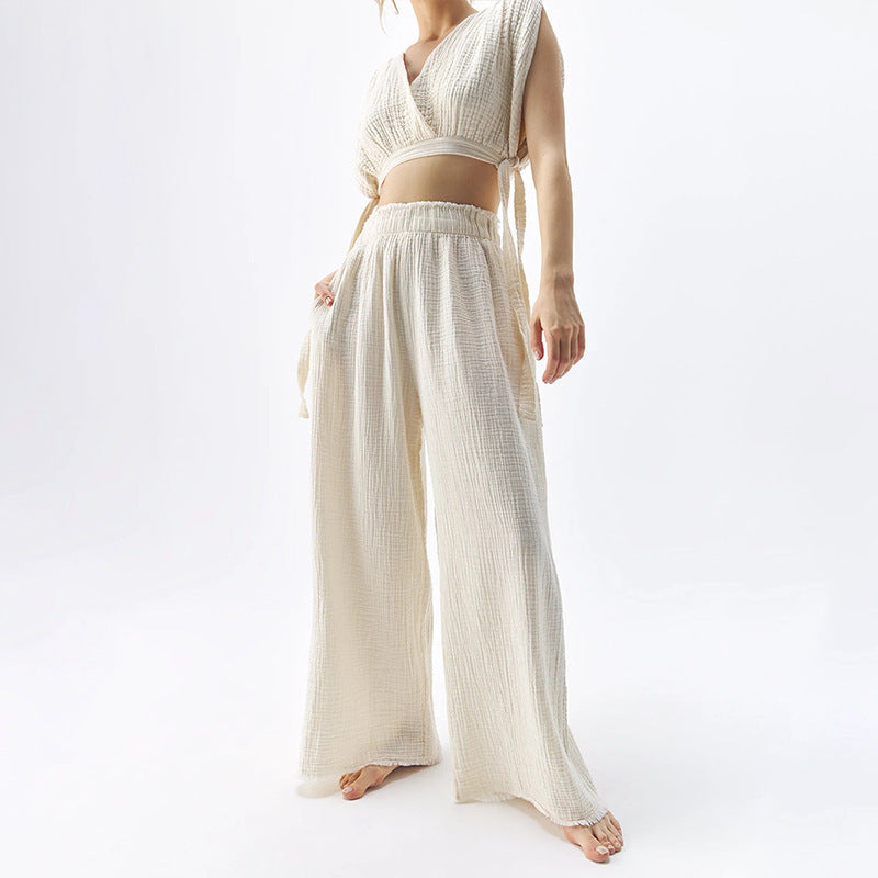 Pantalon Large en Coton Fin à Double Couche Taille Haute